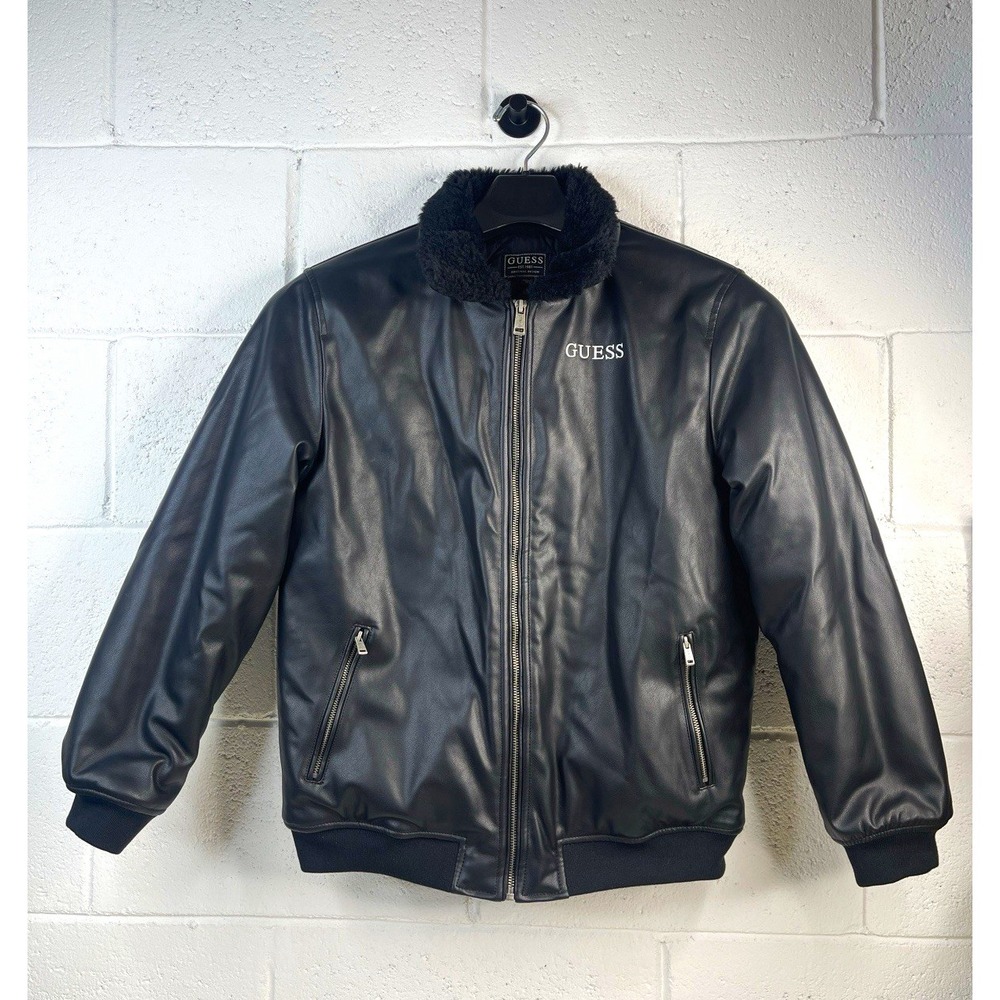 Guess Faux Leather Bomber Jacket Black Boys 16 Fits Adult Men XS Women Small